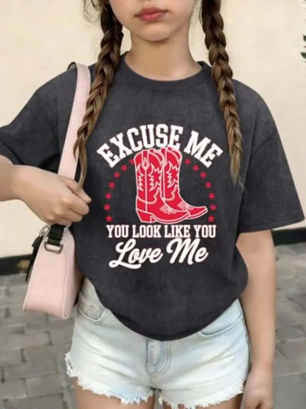 Girls Western Cowgirl T-Shirt Acid Wash Letter Print Rodeo Tee